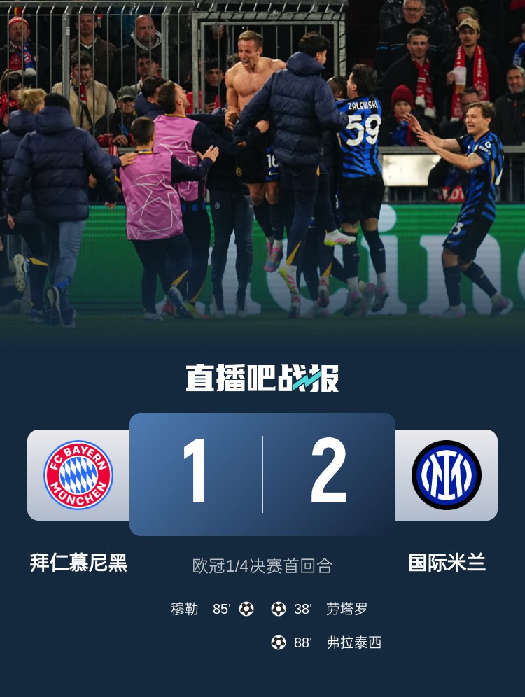 2-1占得先機(jī)！國米送給拜仁4年來歐冠主場首敗